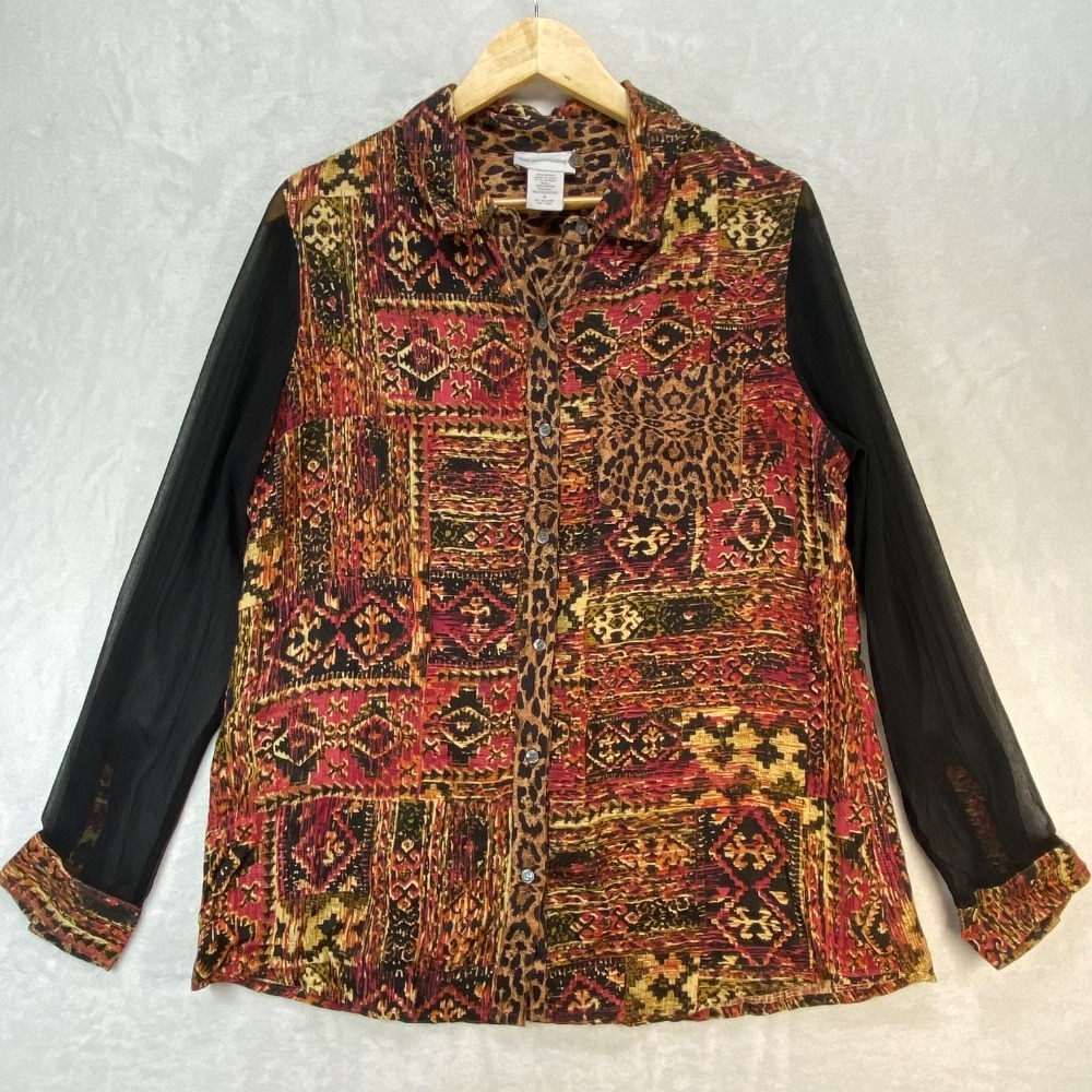 Soft Surroundings Button Down Blouse‎ Sheer Sleeve Animal Print M